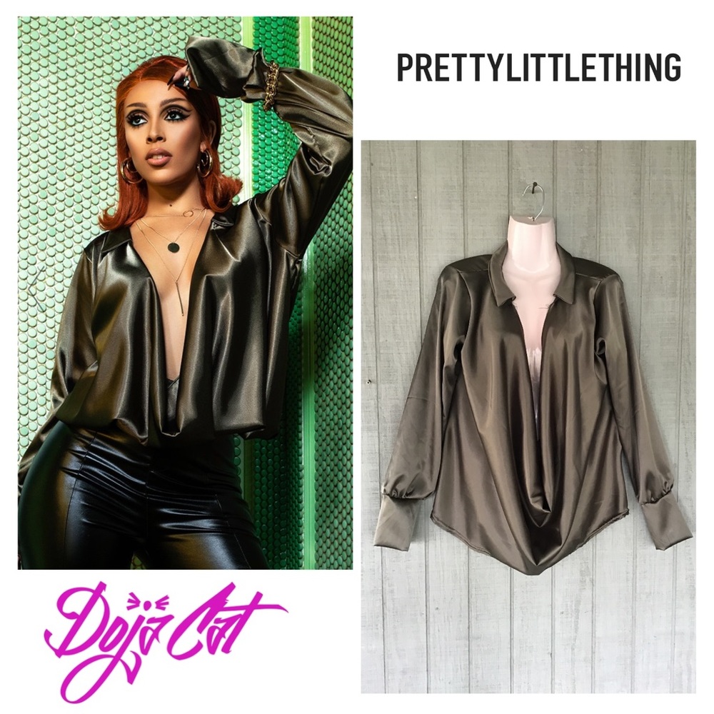 Khaki Extreme Cowl Longline Satin Shirt